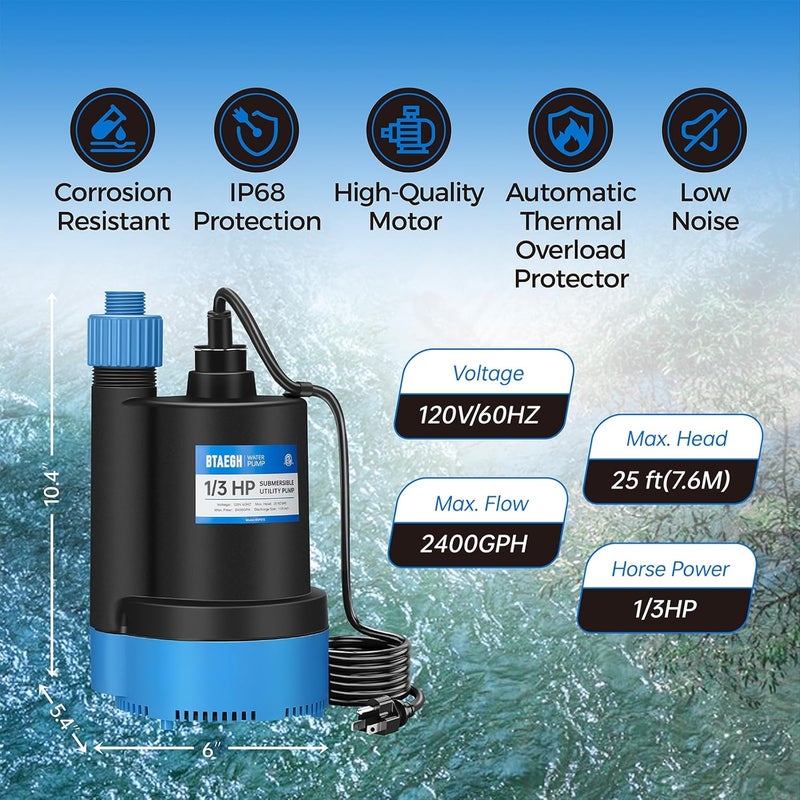 BTAEGH 1/3 HP Submersible Water Pump 2400GPH Small Sump Pump Thermoplastic Electric Portable Transfer Utility Pump Clean for Swimming Pool Basement Garden Pond - Image 2